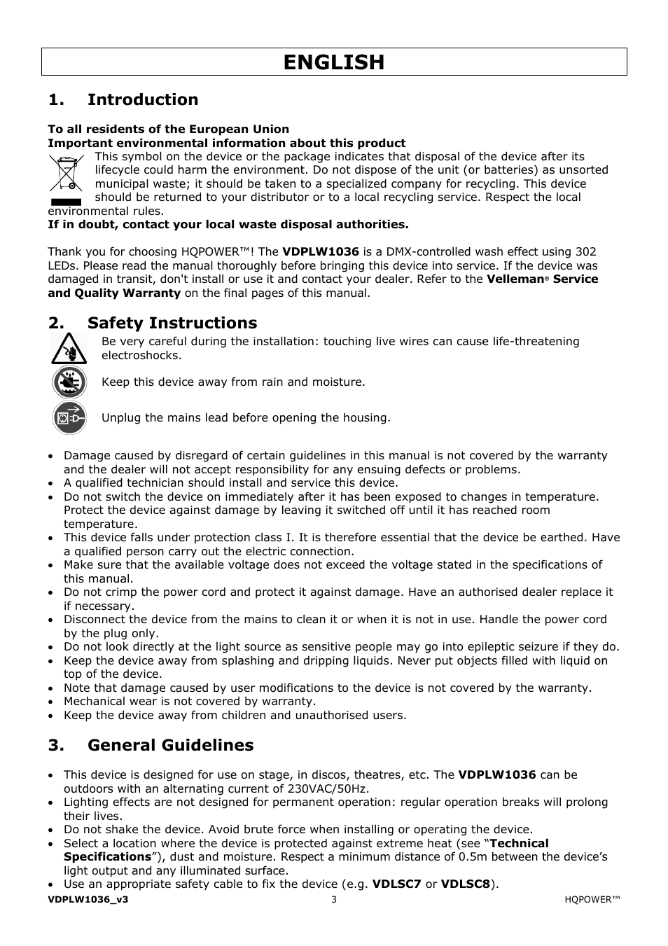 Nglis, Intr, Safe | Roductio, Ety inst, Eral gu, Truction, Uideline | Velleman VDPLW1036 User Manual | Page 3 / 28