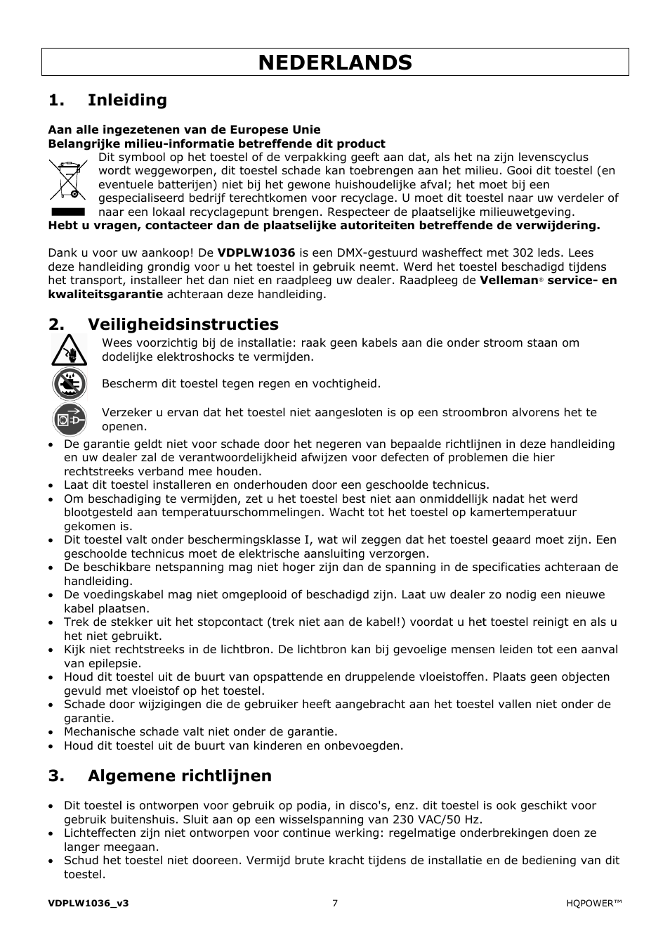 Derla, Ands, Inle | Veil, Alge, Eiding, Igheids, Emene, Sinstruc, Richtlijn | Velleman VDPLW1036 User Manual | Page 7 / 28