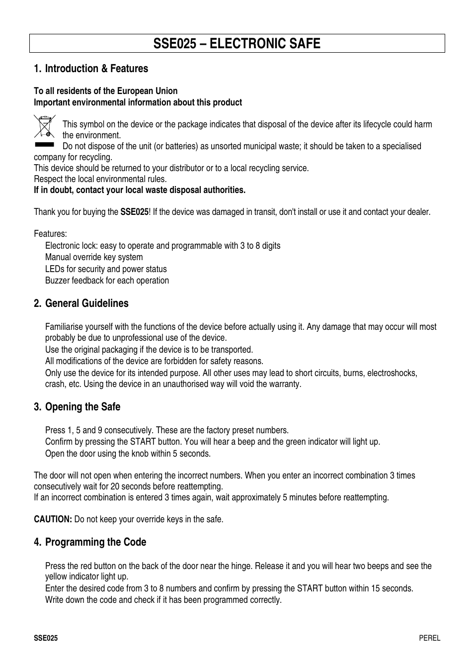 Sse025 – electronic safe | Velleman SSE025 User Manual | Page 3 / 12
