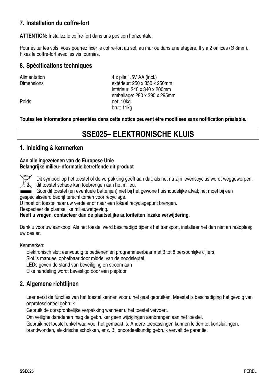 Sse025– elektronische kluis | Velleman SSE025 User Manual | Page 6 / 12