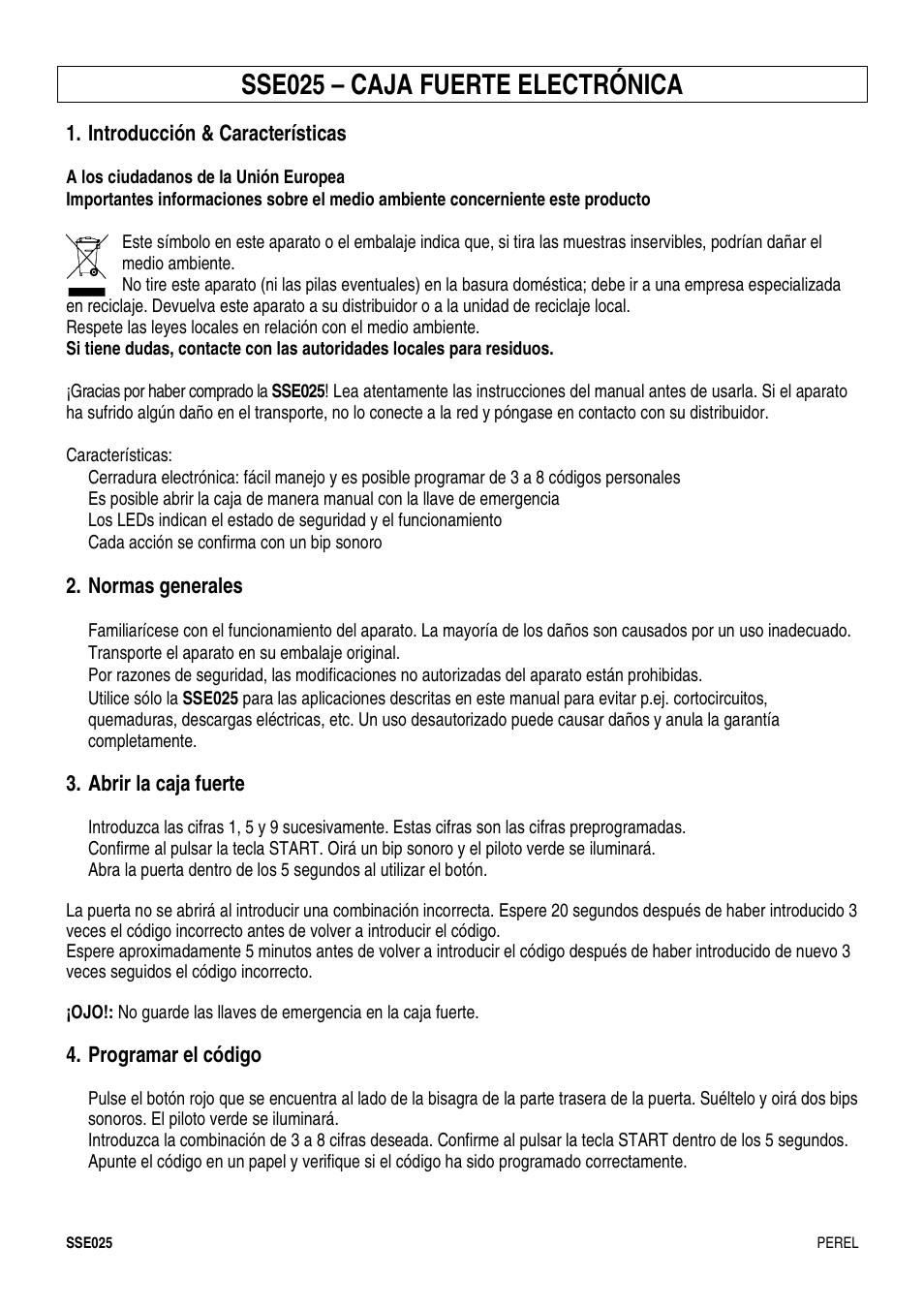 Sse025 – caja fuerte electrónica | Velleman SSE025 User Manual | Page 8 / 12