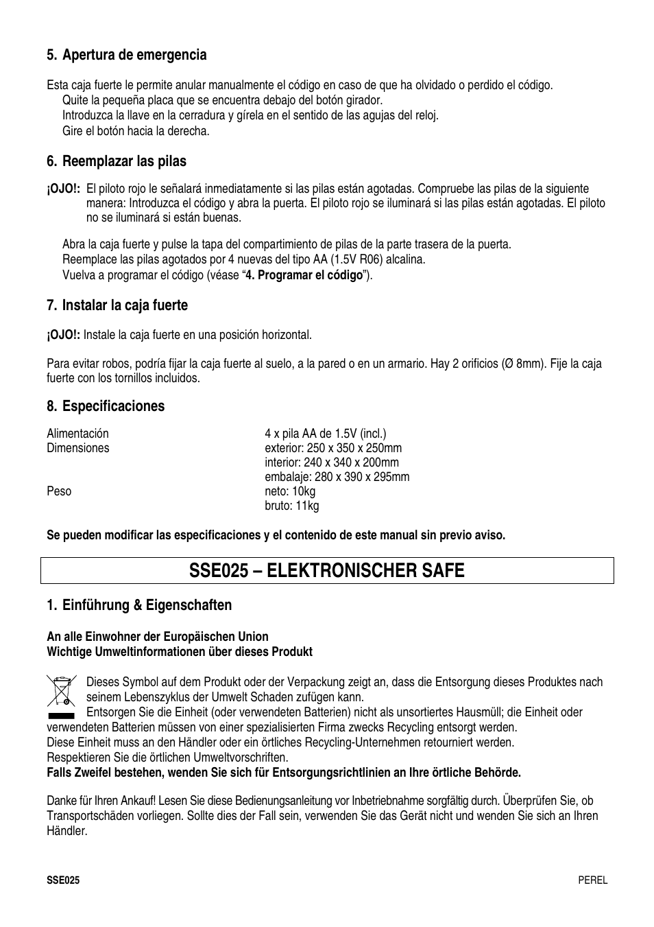 Sse025 – elektronischer safe | Velleman SSE025 User Manual | Page 9 / 12