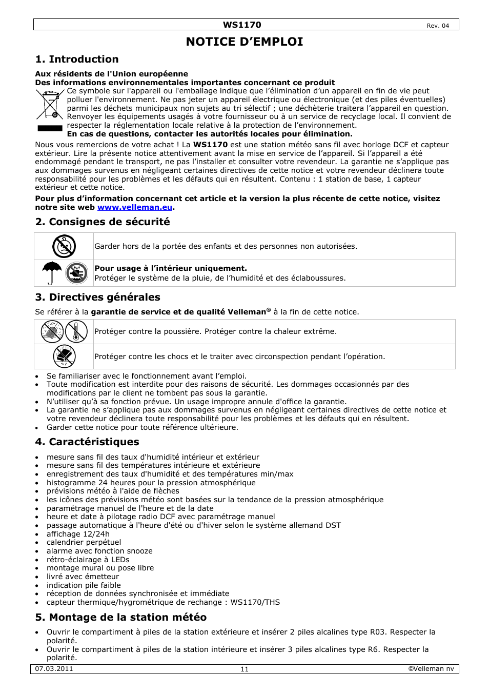 Notic, Ce d’em, Mploi | Introdu, Consign, Directiv, Caracté, Montag, Uction, Nes de sé | Velleman WS1170 User Manual | Page 11 / 26