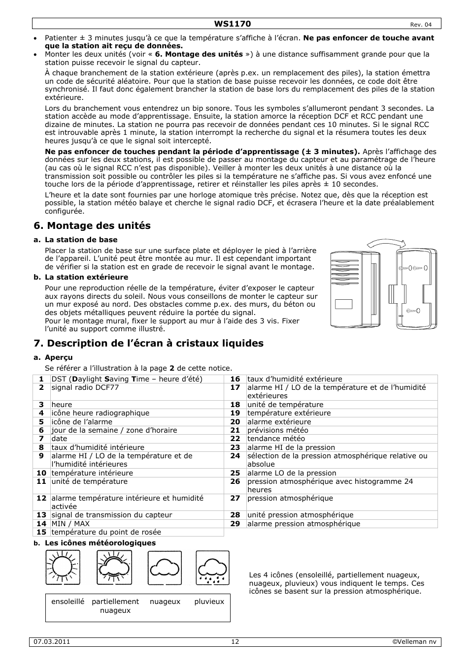 Montage des unités, Description de l’écran à cristaux liquides | Velleman WS1170 User Manual | Page 12 / 26