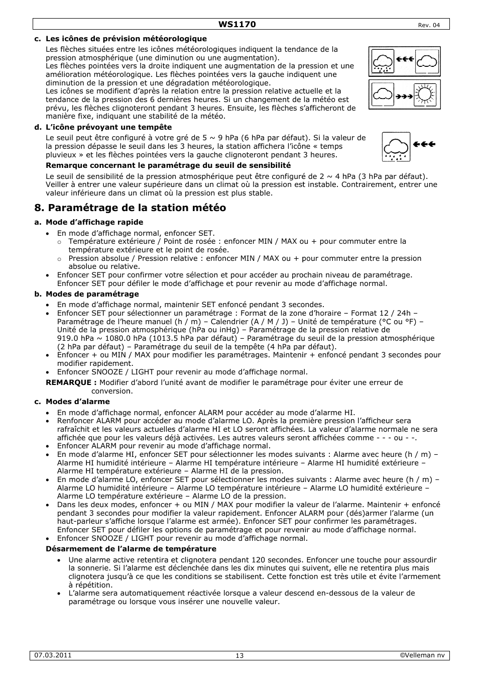Paramé, Étrage de, E la stati | Ion mété | Velleman WS1170 User Manual | Page 13 / 26