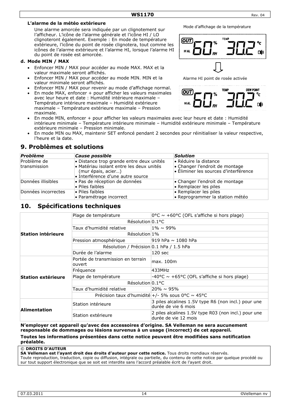 Problèmes et solutions, Spécifications techniques | Velleman WS1170 User Manual | Page 14 / 26