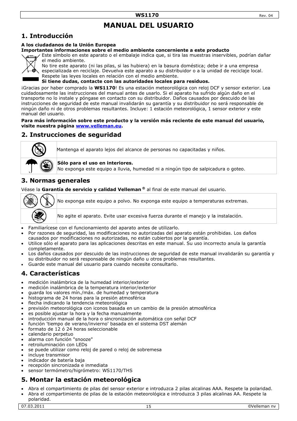 Manual, L del u, Usuari | Introdu, Instruc, Normas, Caracte, Montar, Ucción, Cciones d | Velleman WS1170 User Manual | Page 15 / 26