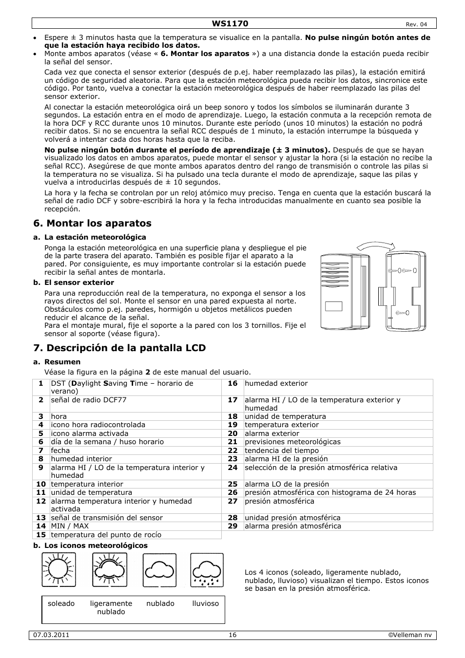 Montar los aparatos, Descripción de la pantalla lcd | Velleman WS1170 User Manual | Page 16 / 26
