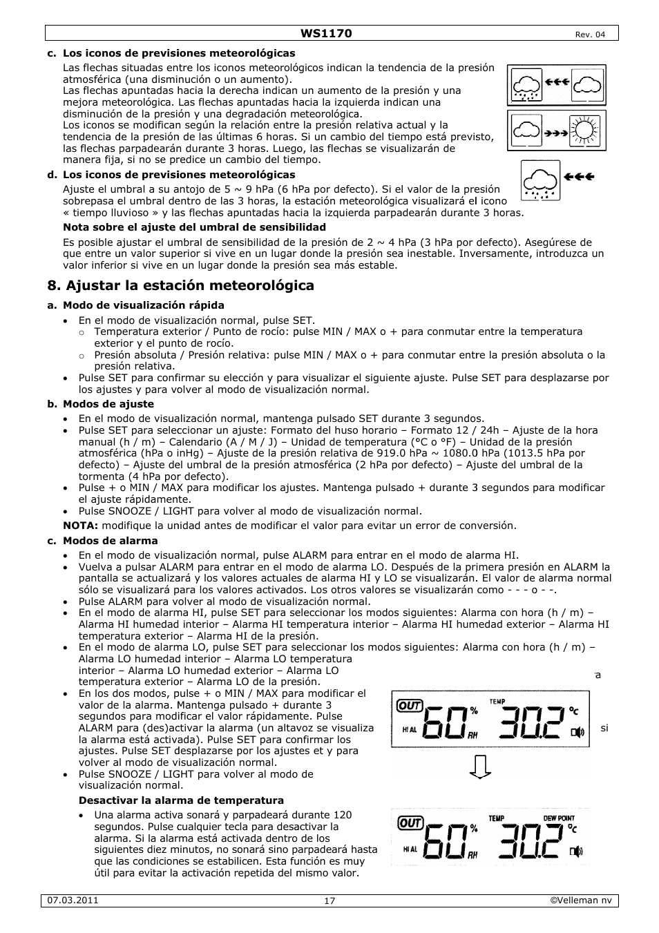 Ajustar, R la estac, Ción met | Eorológi | Velleman WS1170 User Manual | Page 17 / 26