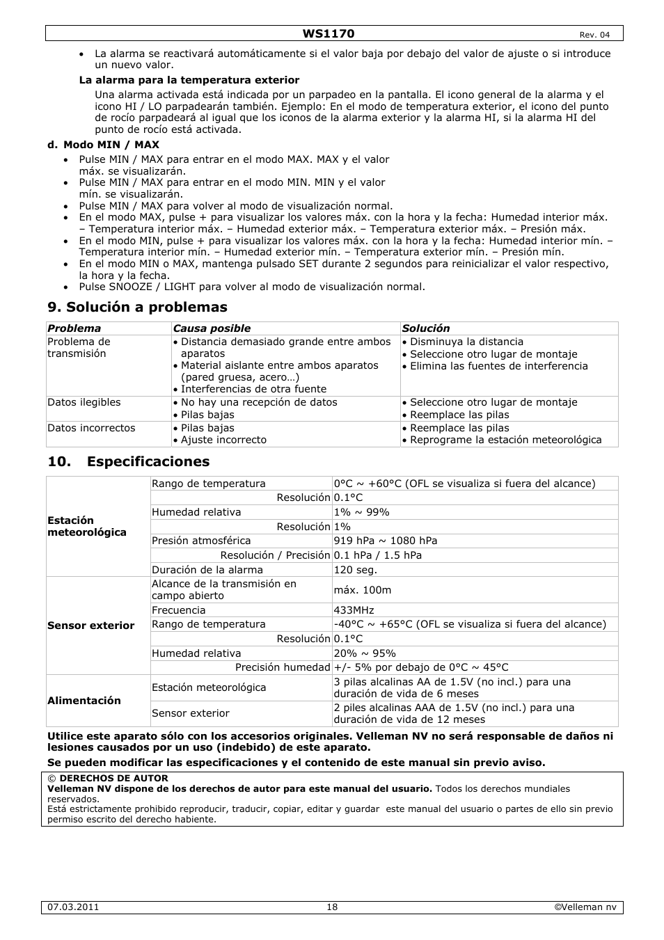 Solución a problemas, Especificaciones | Velleman WS1170 User Manual | Page 18 / 26