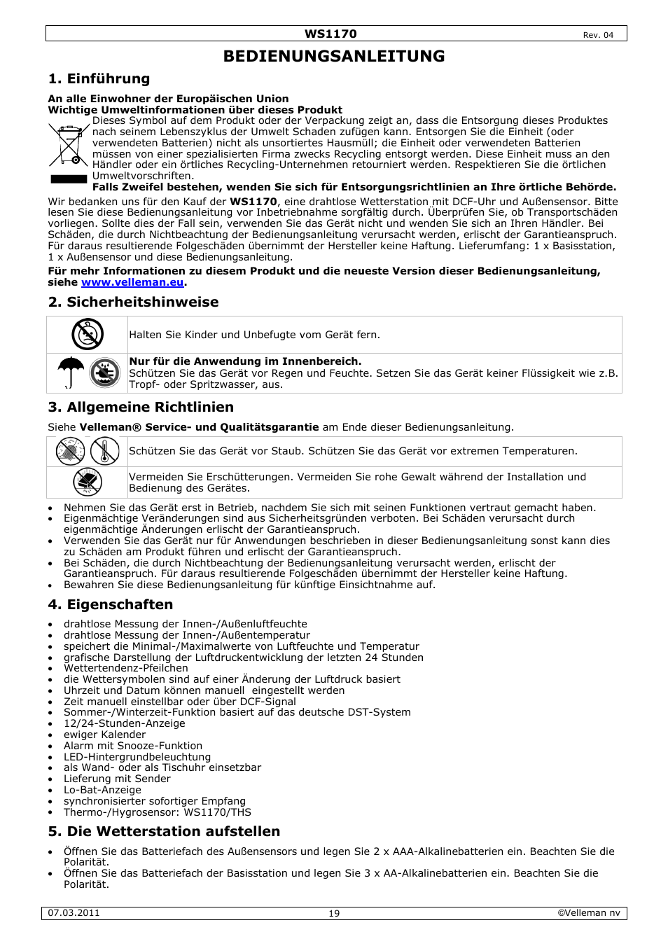 Edienu, Ungsan, Nleitun | Einführ, Sicherh, Allgeme, Eigensc, Die wet, Rung, Heitshinw | Velleman WS1170 User Manual | Page 19 / 26