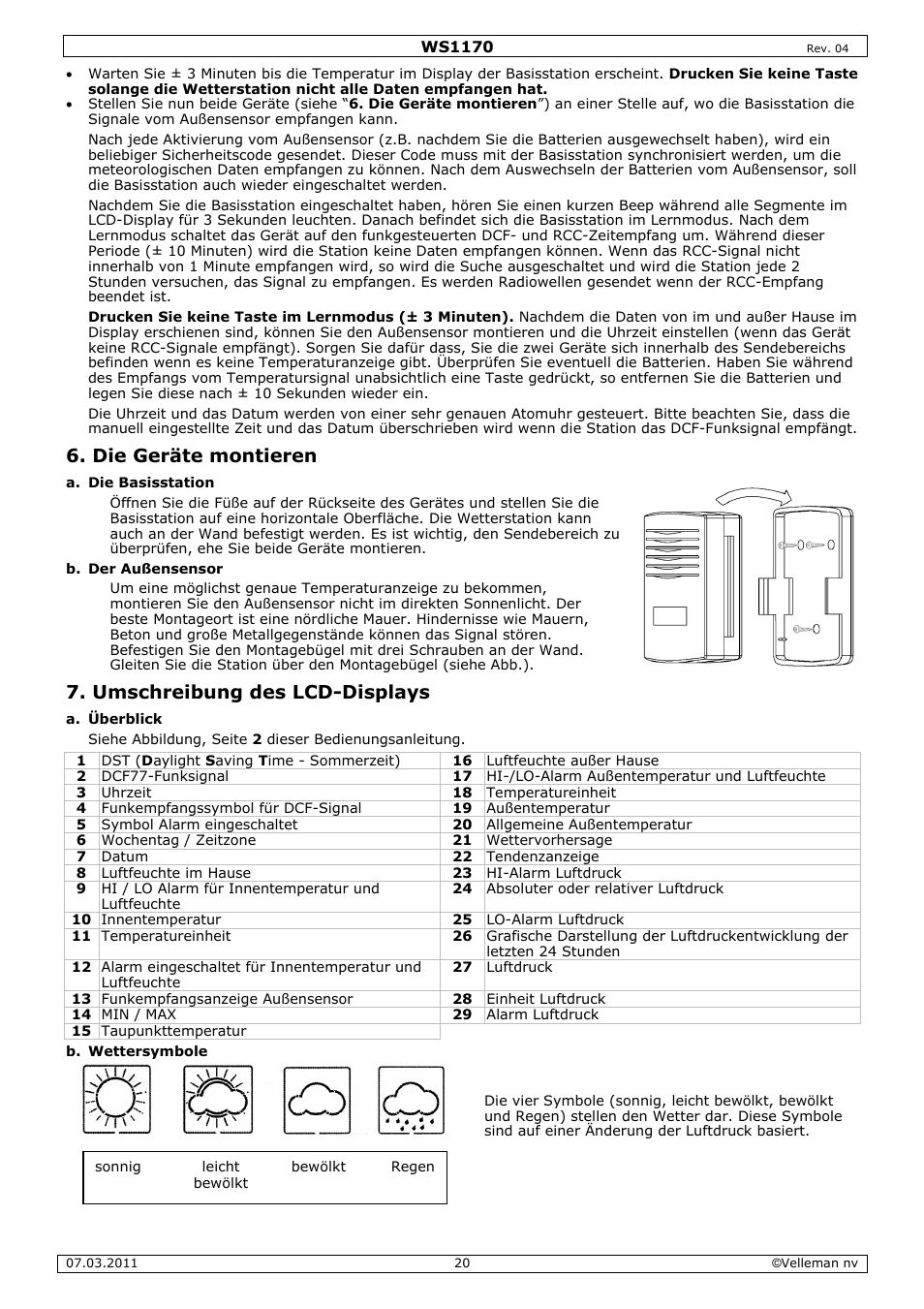 Die geräte montieren, Umschreibung des lcd-displays | Velleman WS1170 User Manual | Page 20 / 26