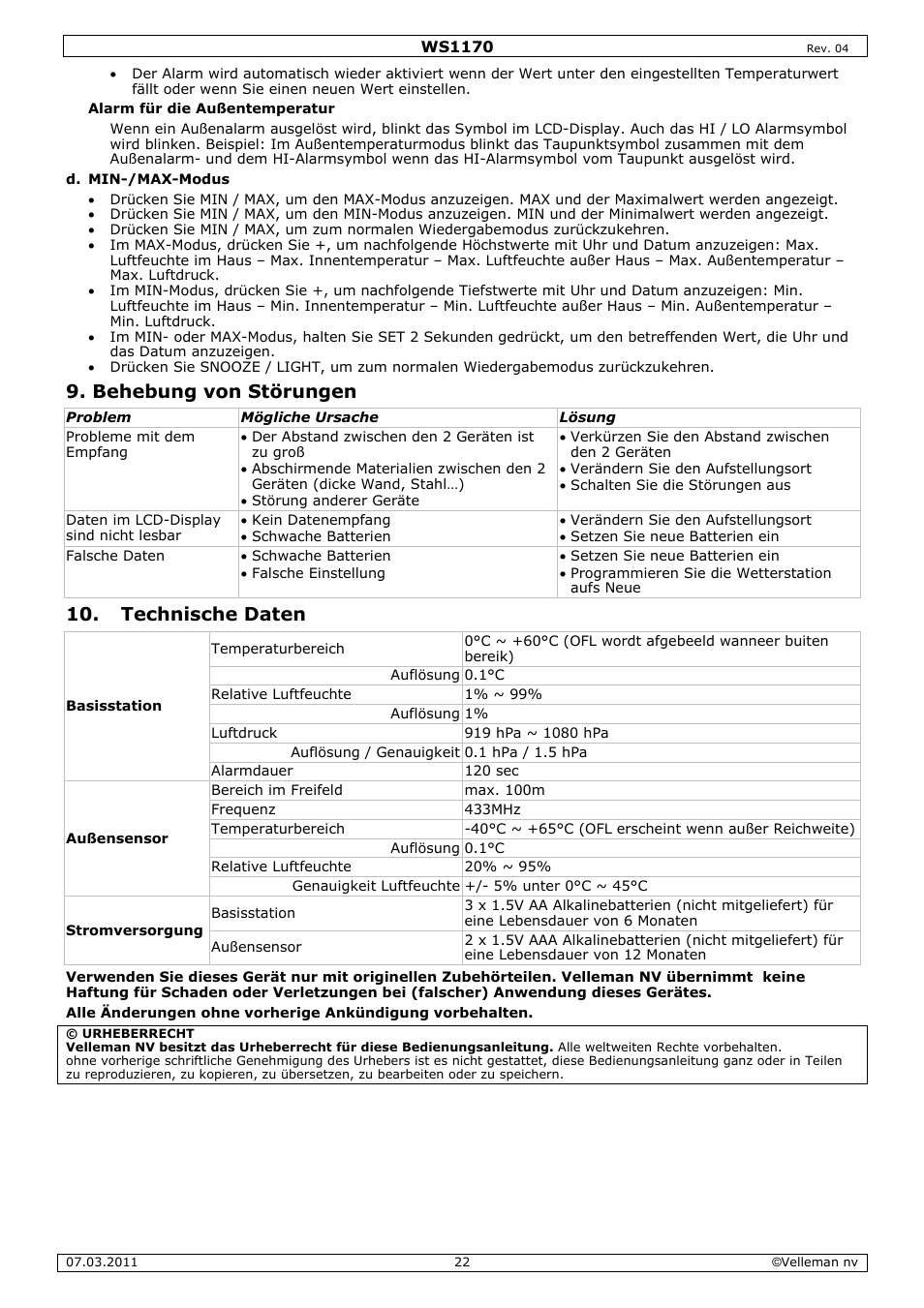 Behebung von störungen, Technische daten | Velleman WS1170 User Manual | Page 22 / 26