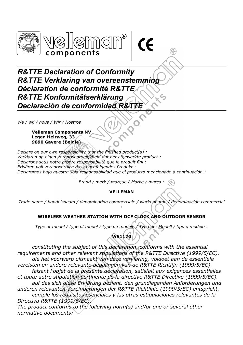 R&tte r&tte déclara r&tte declara, Declar verkla tion de konfor ción d, Ration o ring va e confo rmitäts de confo | Of conf an over ormité serklär formida, Formity reenst r&tte rung ad r&t, Ytemmin e tte | Velleman WS1170 User Manual | Page 23 / 26