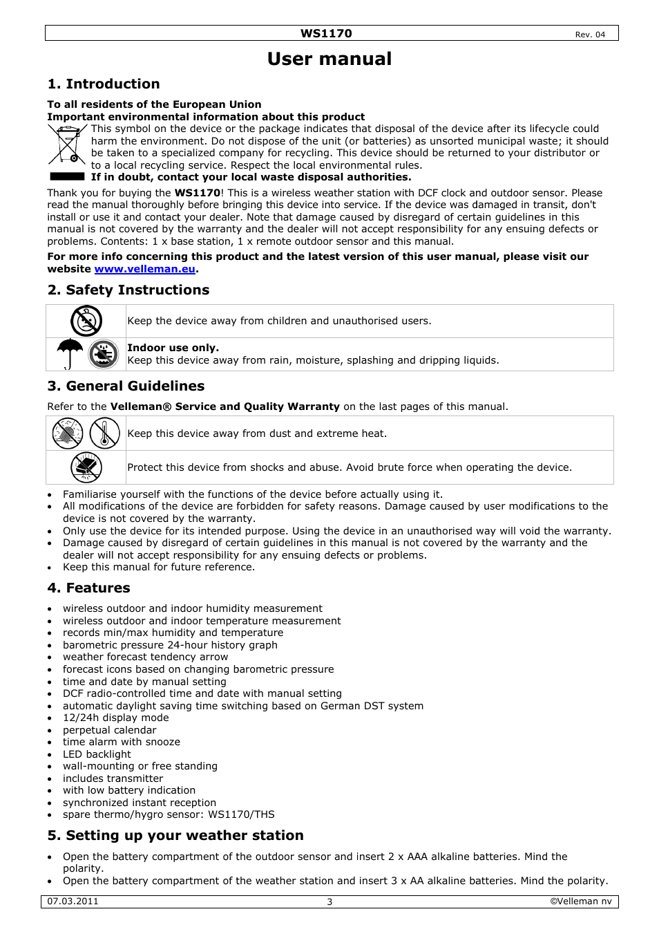 Er man, Nual, Introdu | Safety i, Genera, Feature, Setting, Uction, Instruct, L guideli | Velleman WS1170 User Manual | Page 3 / 26