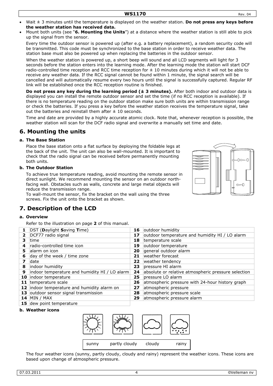 Mounting the units, Description of the lcd | Velleman WS1170 User Manual | Page 4 / 26
