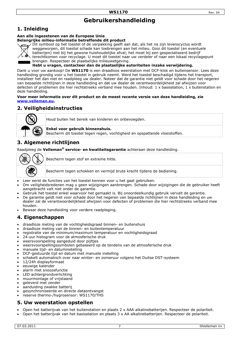 Gebruik, Kershan, Ndleidin | Inleidin, Veilighe, Algeme, Eigensc, Uw wee, Eidsinstr, Ene richt | Velleman WS1170 User Manual | Page 7 / 26