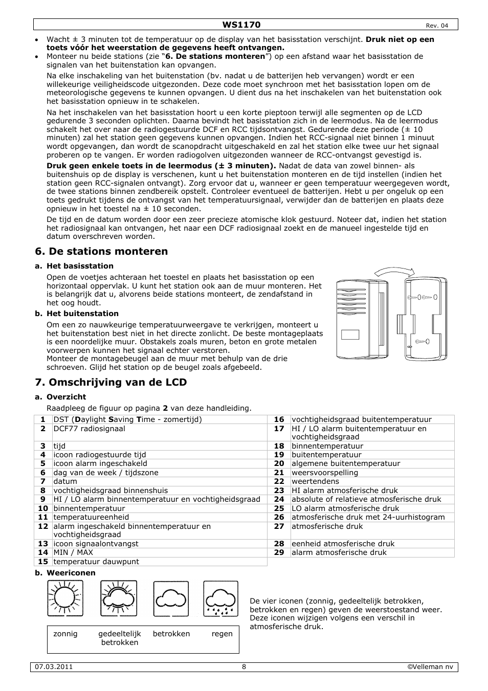 De stations monteren, Omschrijving van de lcd | Velleman WS1170 User Manual | Page 8 / 26