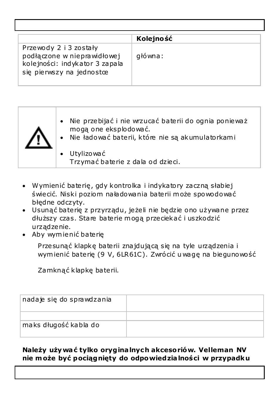 Bateria, Specyfikacja techniczna | Velleman VTLAN6 User Manual | Page 36 / 44