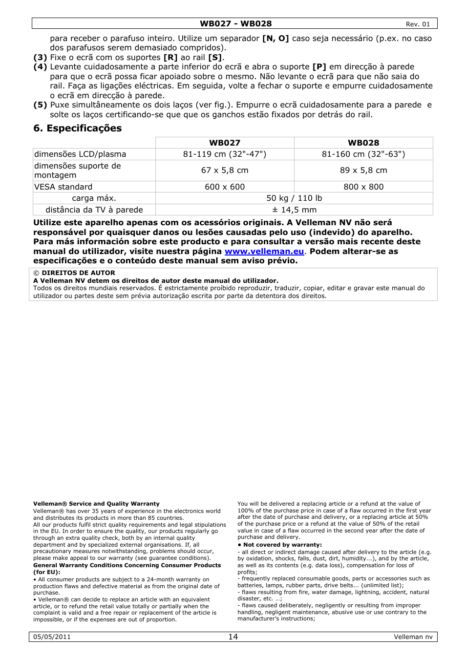 Especificações | Velleman WB027 User Manual | Page 14 / 16