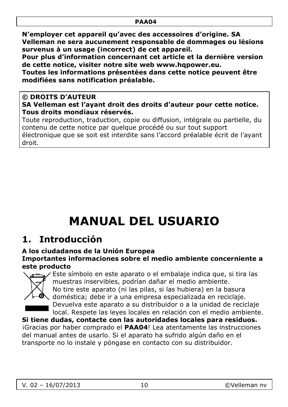 Manual del usuario, Introducción | Velleman PAA04 User Manual | Page 10 / 15