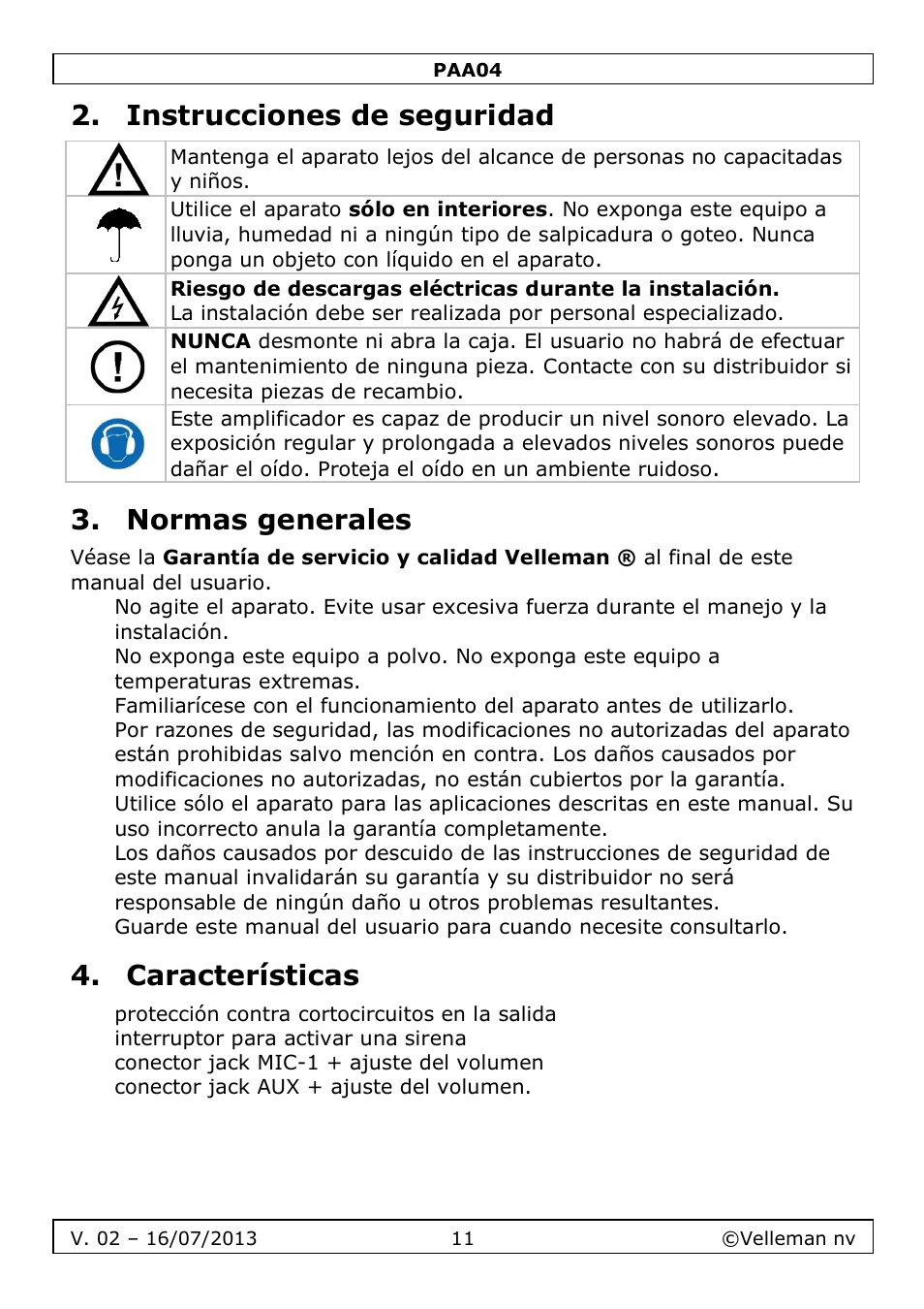 Instrucciones de seguridad, Normas generales, Características | Velleman PAA04 User Manual | Page 11 / 15