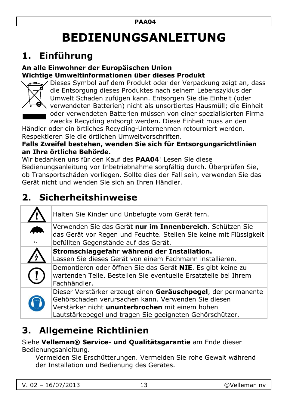 Bedienungsanleitung, Einführung, Sicherheitshinweise | Allgemeine richtlinien | Velleman PAA04 User Manual | Page 13 / 15