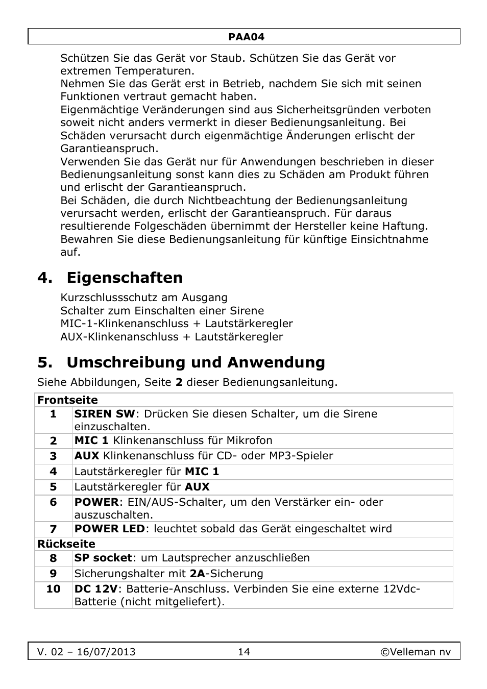 Eigenschaften, Umschreibung und anwendung | Velleman PAA04 User Manual | Page 14 / 15