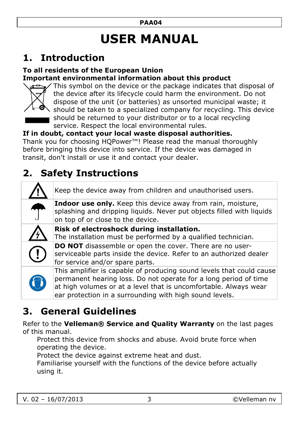 User manual, Introduction, Safety instructions | General guidelines | Velleman PAA04 User Manual | Page 3 / 15