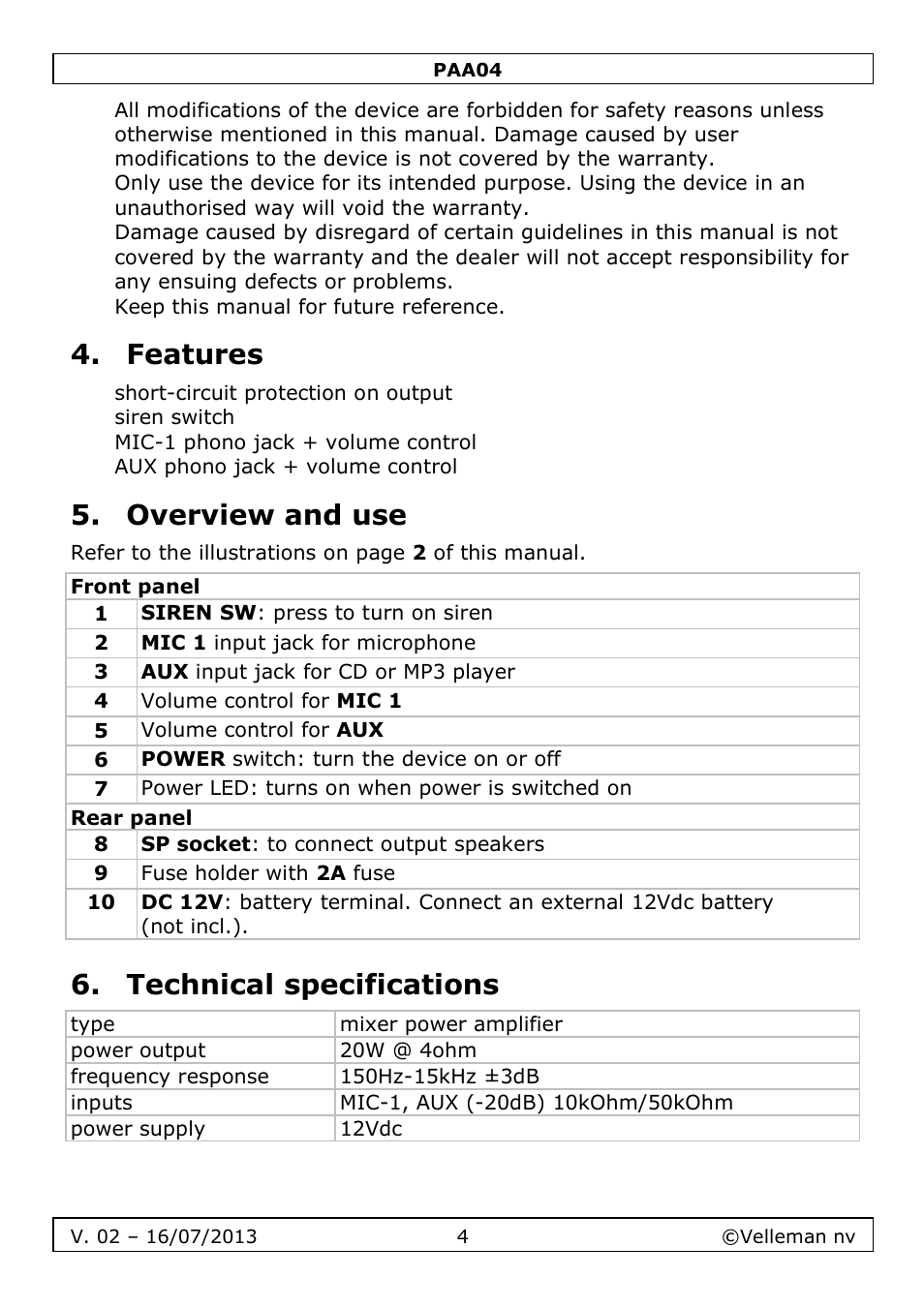 Features, Overview and use, Technical specifications | Velleman PAA04 User Manual | Page 4 / 15