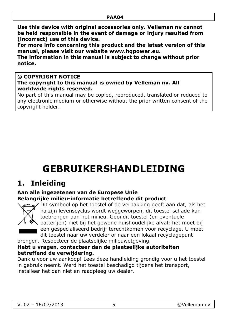 Gebruikershandleiding, Inleiding | Velleman PAA04 User Manual | Page 5 / 15