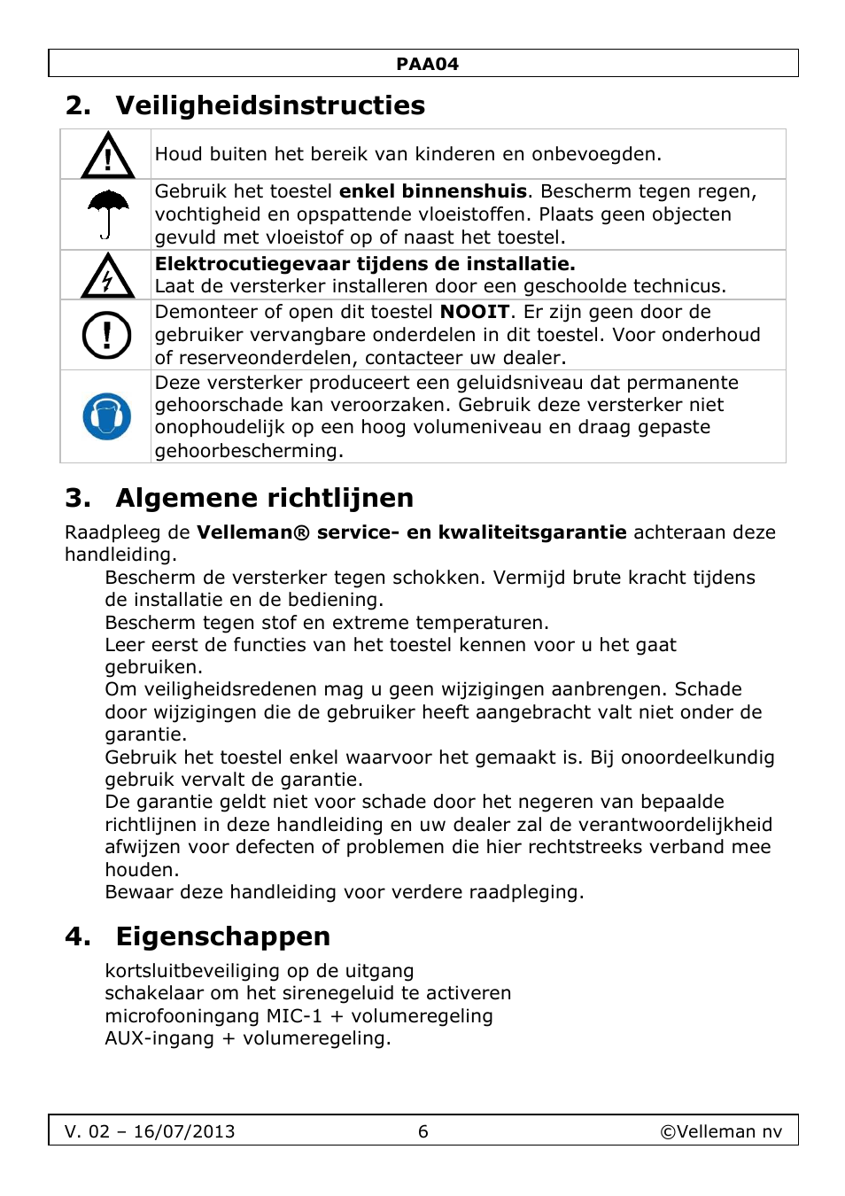 Veiligheidsinstructies, Algemene richtlijnen, Eigenschappen | Velleman PAA04 User Manual | Page 6 / 15