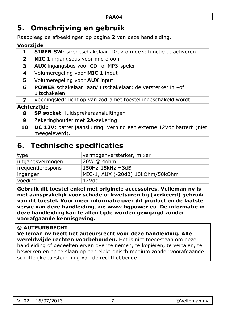 Omschrijving en gebruik, Technische specificaties | Velleman PAA04 User Manual | Page 7 / 15