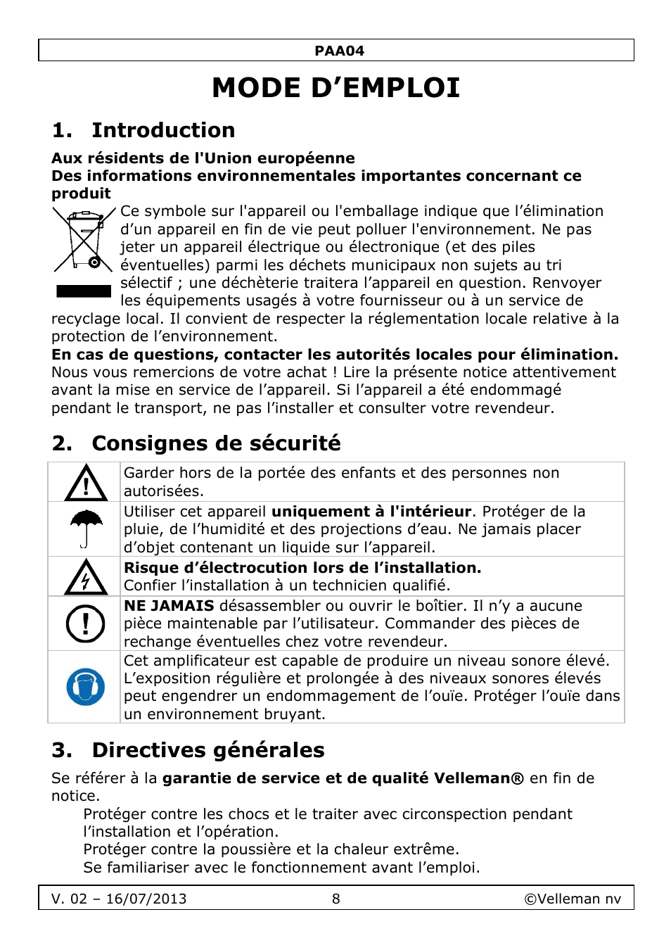 Mode d’emploi, Introduction, Consignes de sécurité | Directives générales | Velleman PAA04 User Manual | Page 8 / 15
