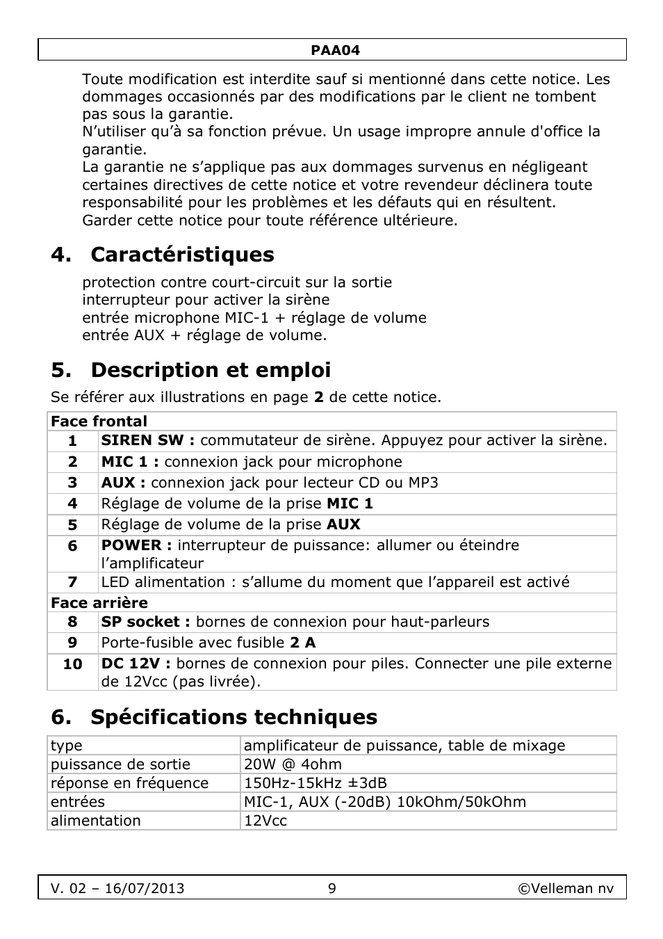 Caractéristiques, Description et emploi, Spécifications techniques | Velleman PAA04 User Manual | Page 9 / 15