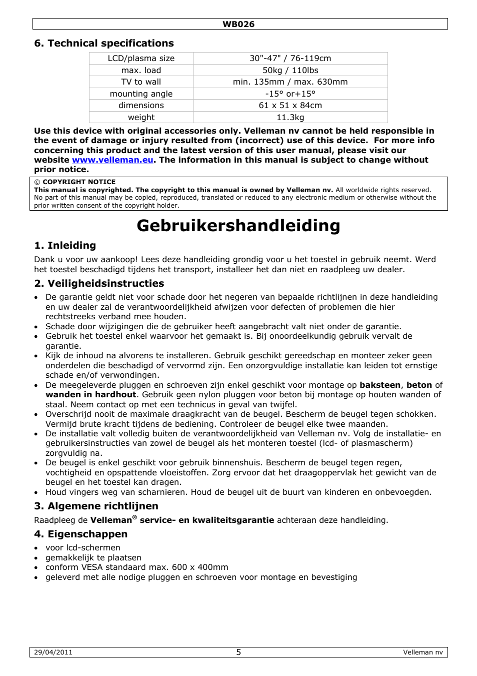 Gebruikershandleiding | Velleman WB026 User Manual | Page 5 / 14