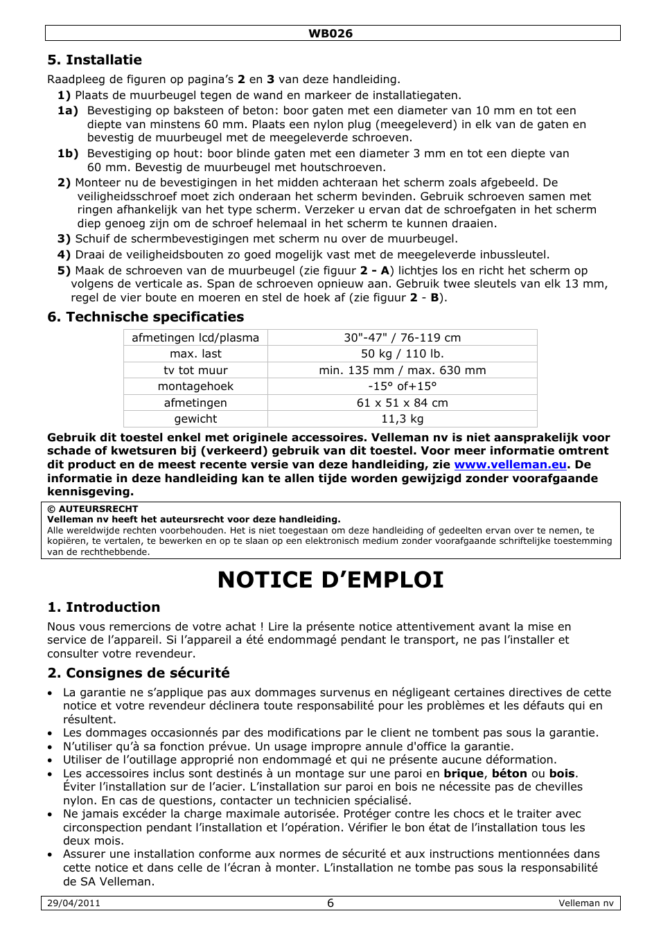Notice d'emploi, Notice d’emploi | Velleman WB026 User Manual | Page 6 / 14