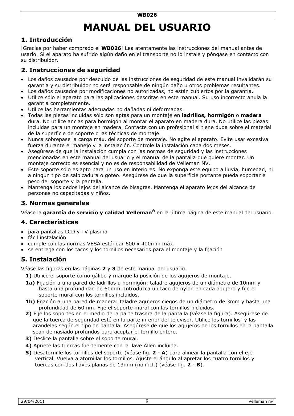 Manual del usuario | Velleman WB026 User Manual | Page 8 / 14