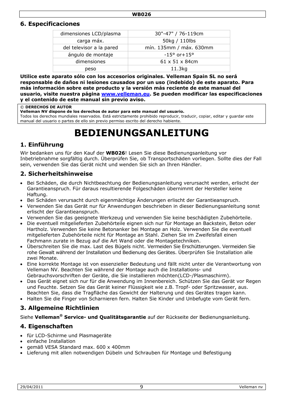 Bedienungsanleitung | Velleman WB026 User Manual | Page 9 / 14