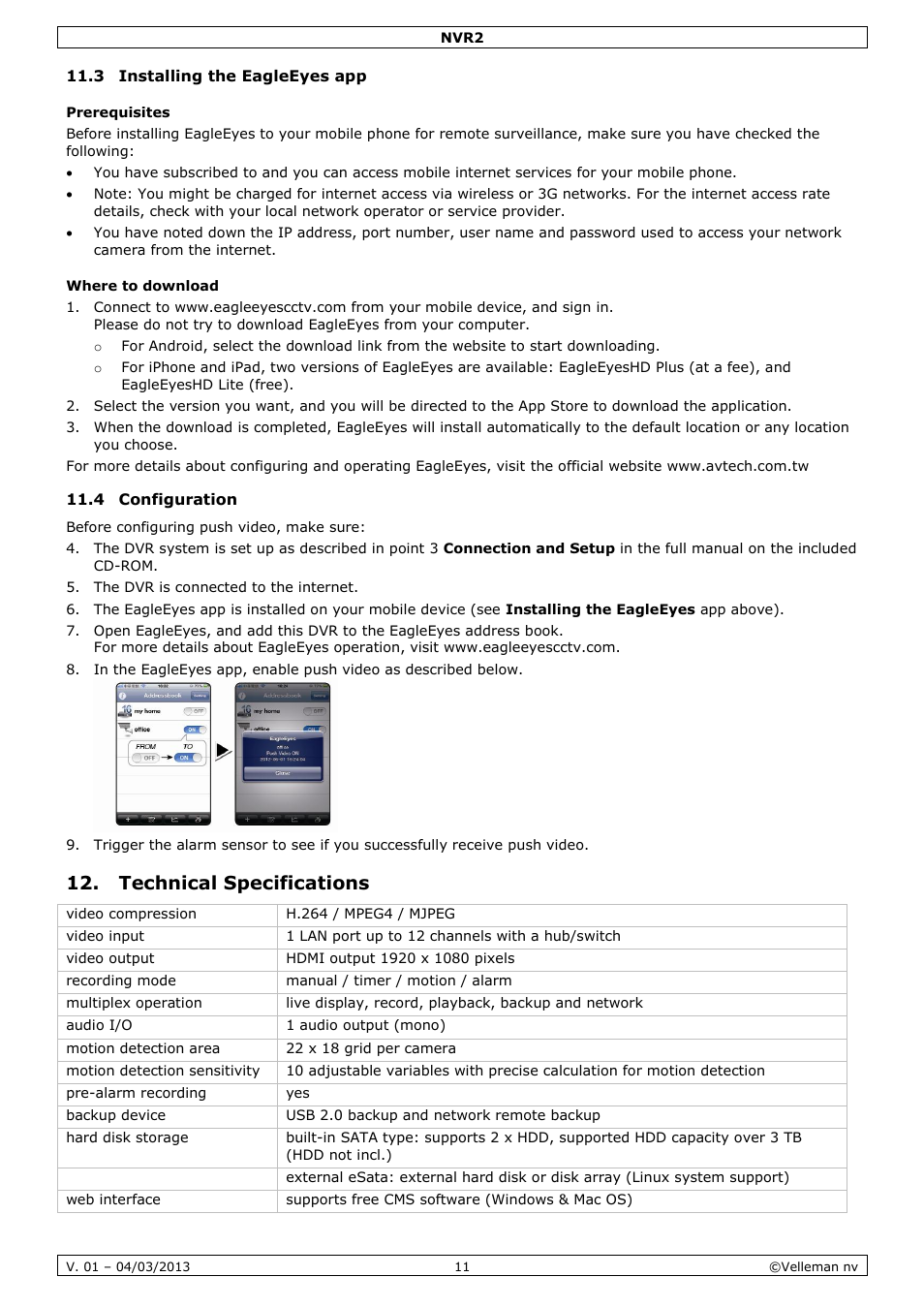 3 installing the eagleeyes app, Prerequisites, Where to download | 4 configuration, Technical specifications | Velleman NVR2 User Manual | Page 11 / 55