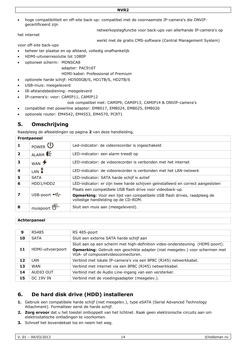 Omschrijving, De hard disk drive (hdd) installeren | Velleman NVR2 User Manual | Page 14 / 55