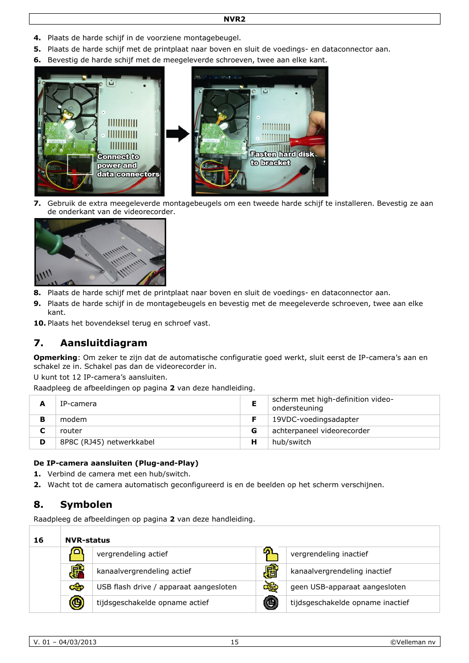 Aansluitdiagram, De ip-camera aansluiten (plug-and-play), Symbolen | Velleman NVR2 User Manual | Page 15 / 55