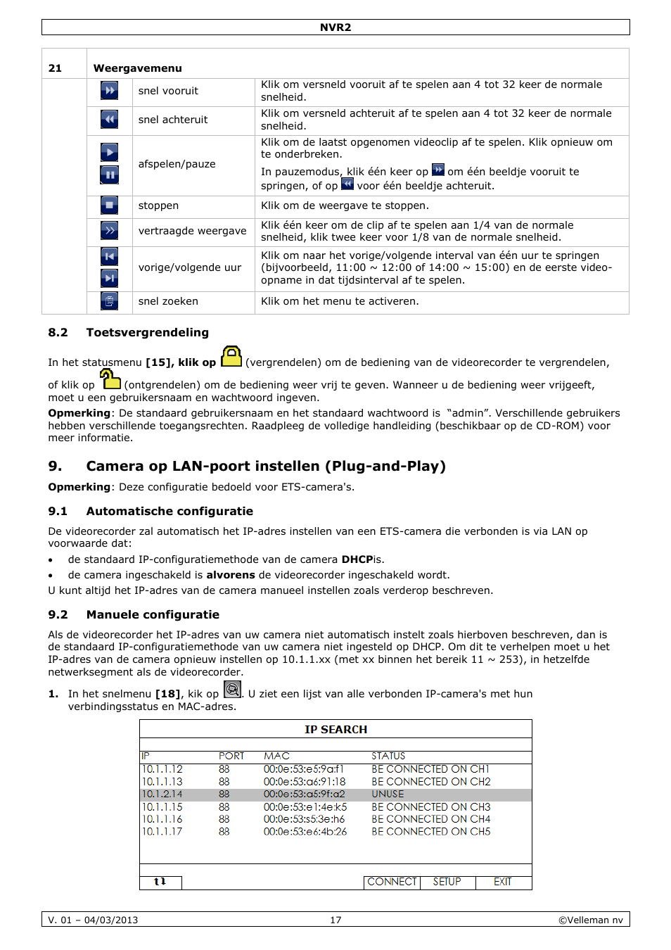 2 toetsvergrendeling, Camera op lan-poort instellen (plug-and-play), 1 automatische configuratie | 2 manuele configuratie | Velleman NVR2 User Manual | Page 17 / 55