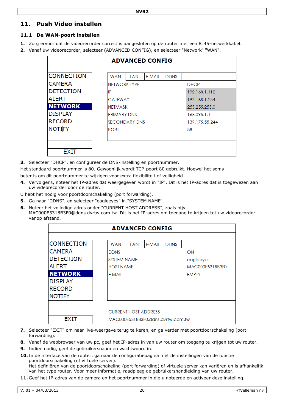 Push video instellen, 1 de wan-poort instellen | Velleman NVR2 User Manual | Page 20 / 55
