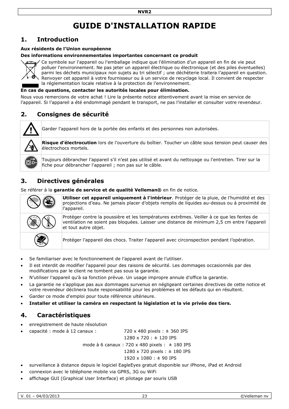 Guide d'installation rapide, Introduction, Consignes de sécurité | Directives générales, Caractéristiques | Velleman NVR2 User Manual | Page 23 / 55
