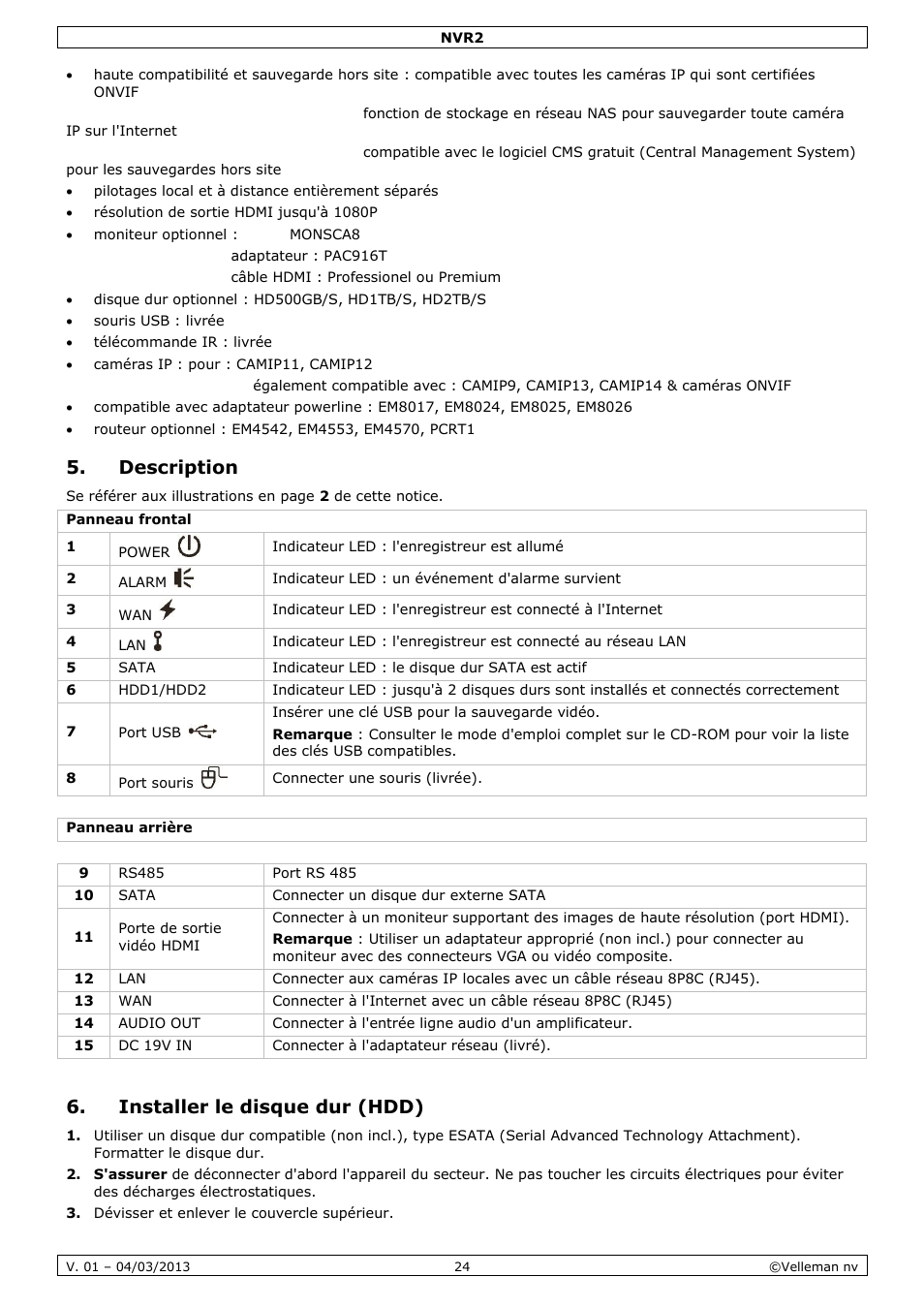 Description, Installer le disque dur (hdd) | Velleman NVR2 User Manual | Page 24 / 55