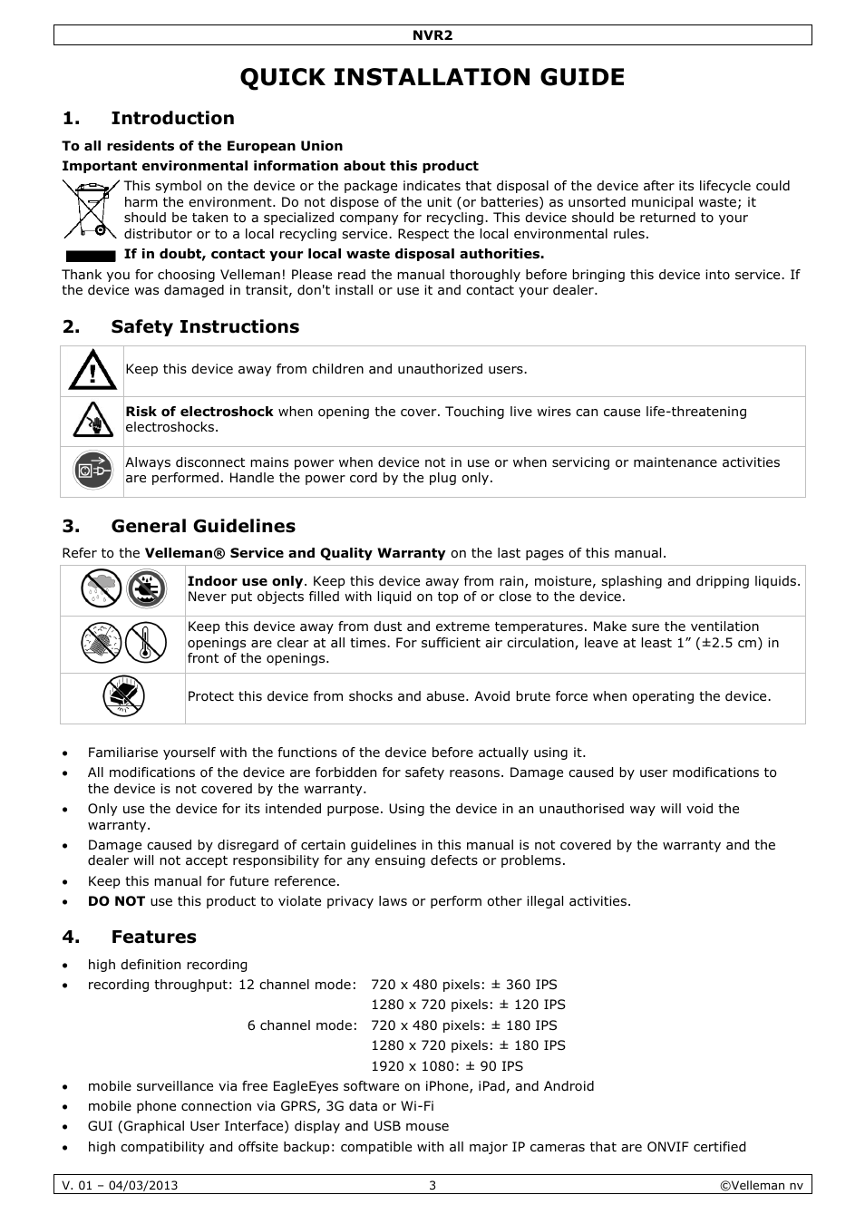 Quick installation guide, Introduction, Safety instructions | General guidelines, Features | Velleman NVR2 User Manual | Page 3 / 55