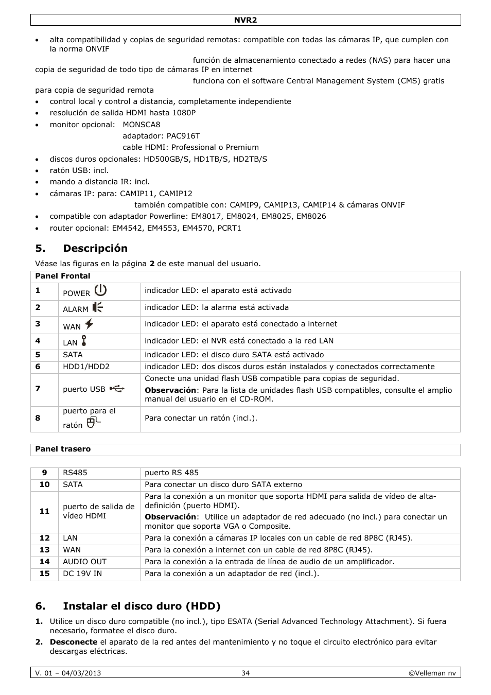 Descripción, Instalar el disco duro (hdd) | Velleman NVR2 User Manual | Page 34 / 55