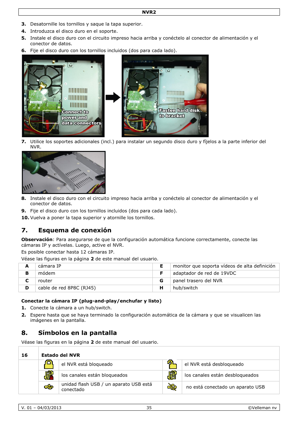 Esquema de conexión, Símbolos en la pantalla | Velleman NVR2 User Manual | Page 35 / 55