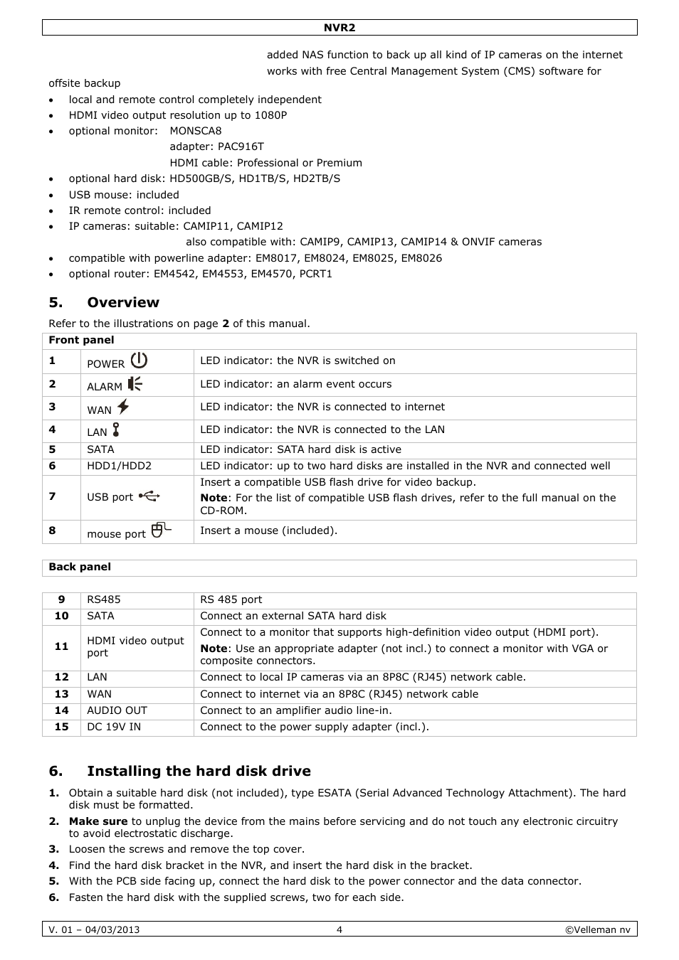 Overview, Installing the hard disk drive | Velleman NVR2 User Manual | Page 4 / 55